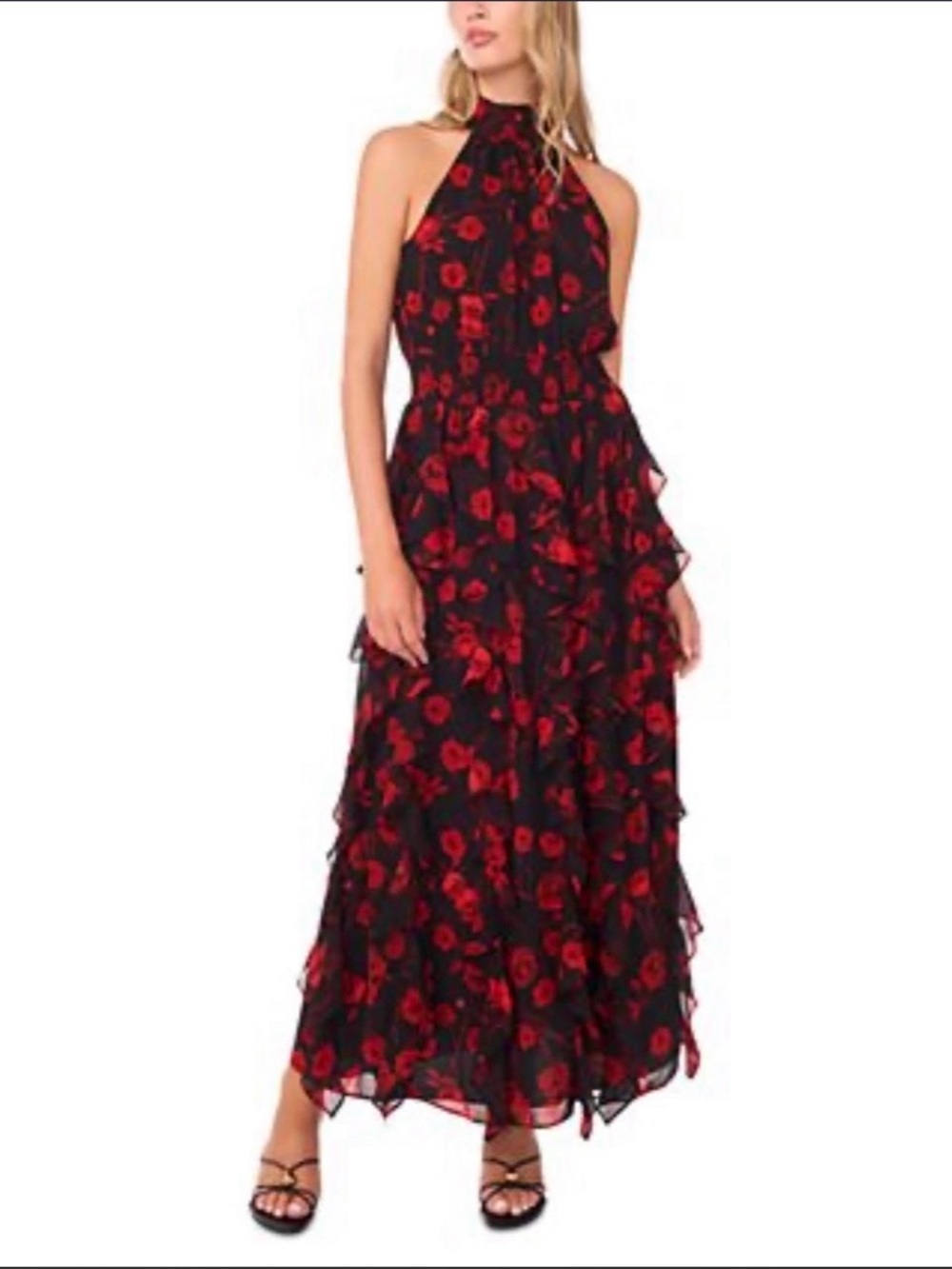1. State Black Halter Maxi Dress with Red Floral Print